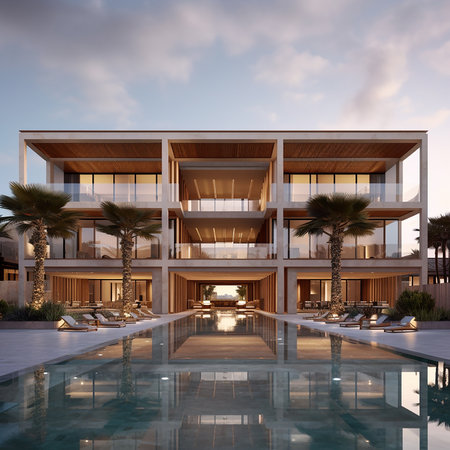 3d rendering of modern cozy house with pool and parking for sale or rent in luxurious style. Sunset with blue sky.の素材