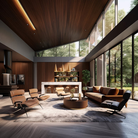 Interior of modern living room with wooden walls, wooden floor, panoramic window and brown sofa. 3d renderingの素材