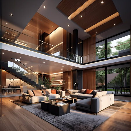 3d rendering of a modern living room with a view of the gardenの素材