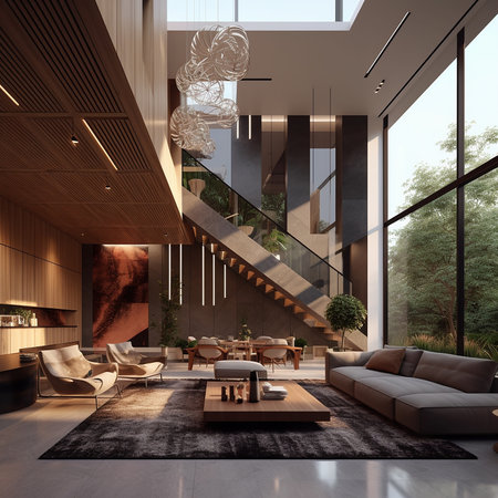 Interior of modern living room with wooden walls, concrete floor, comfortable sofa and coffee table. 3d renderingの素材