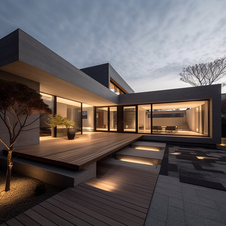 3d rendering of modern cozy house with parking and pool for sale or rent with wood plank facade. Clear summer night with golden light from window.の素材