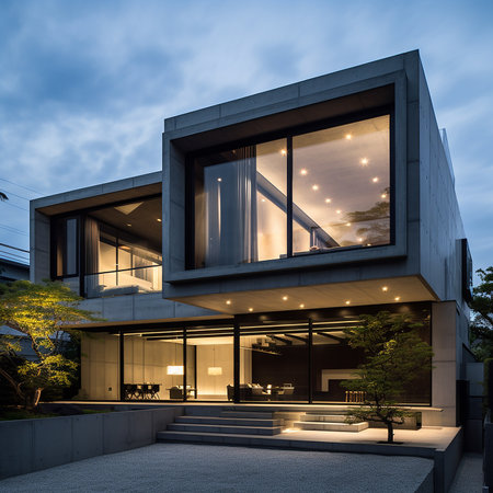 Exterior view of modern house with glass wall and concrete floor.の素材