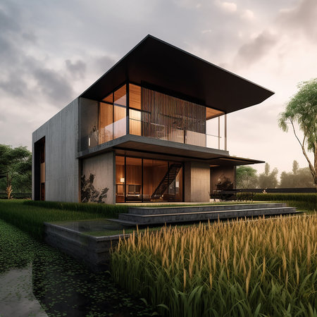 3d rendering of modern cozy house with pool and parking for sale or rent in luxurious style and beautiful landscaping on background.の素材