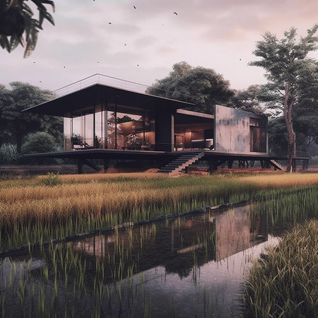 3d rendering of modern cozy house with pool and parking for sale or rent in luxurious style.の素材