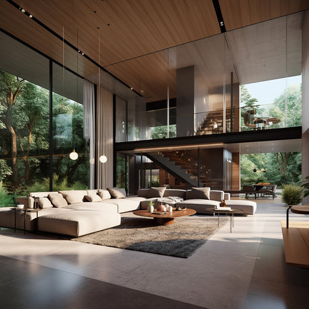 Interior of modern living room with panoramic window, sofa and coffee tableの素材
