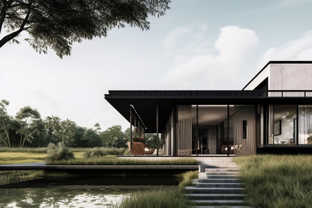 3d rendering of modern cozy house with pool and parking for sale or rent in luxurious style and beautiful landscaping on background.の素材