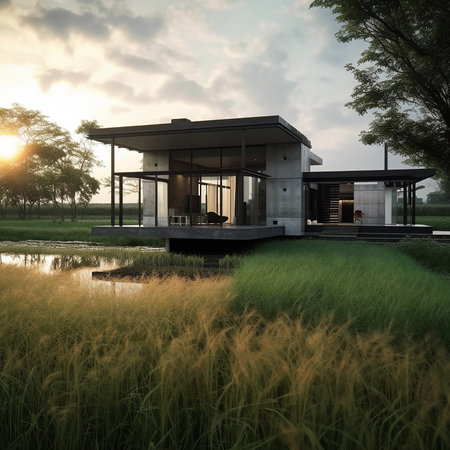 3d rendering of modern cozy chalet with pool and parking for sale or rent in rice field at sunset.の素材