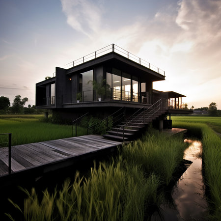3D rendering of a modern house in the middle of rice fieldの素材