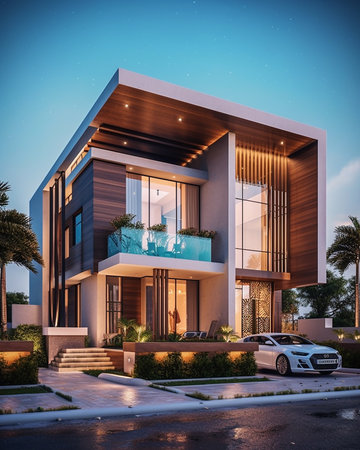 Modern house in the evening. Luxury house in the evening.の素材