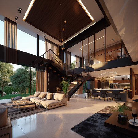 3d rendering of modern house interior design with garden view and stairsの素材