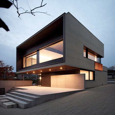 3d rendering of modern cozy house by the river with garage for sale or rent.の素材