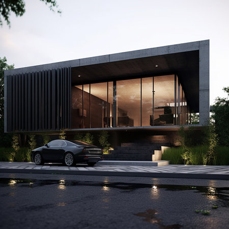 3d rendering of a modern house exterior with a car parked outsideの素材