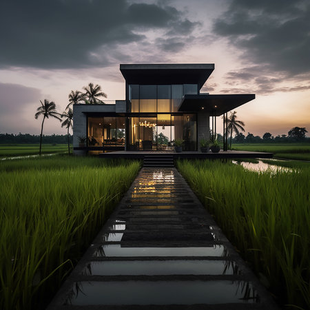3D rendering of a modern house in the rice fields at sunsetの素材