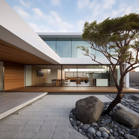 3D rendering of a modern house with a terrace and gardenの素材