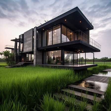 3d rendering of modern cozy house with pool and parking for sale or rent in luxurious style and beautiful landscaping on background.の素材