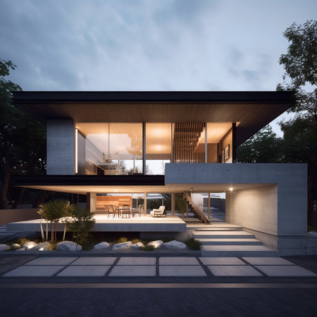 3d rendering of modern cozy house with parking and pool for sale or rent with wood plank facade. Clear summer night with many stars on the sky.の素材