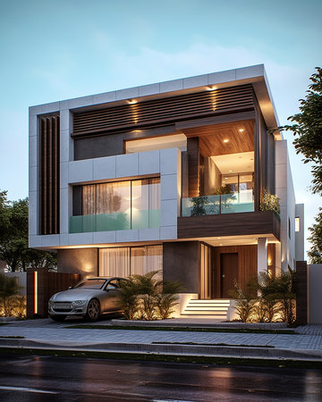 Modern house in the evening with a view of the street and the road.の素材