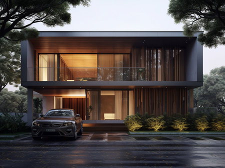 3d rendering of modern cozy house with garage and pool for sale or rent with wood plank facade.の素材