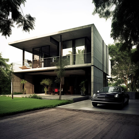Modern house exterior with a black car. 3D Rendering.の素材