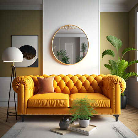 Living room interior with yellow sofa and round mirror. 3d renderの素材
