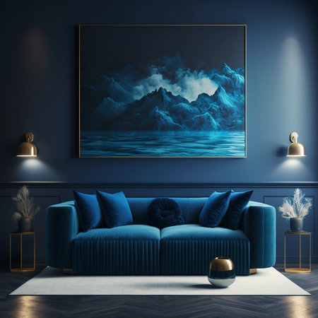Blue sofa in modern living room interior with mock up poster. 3d renderの素材