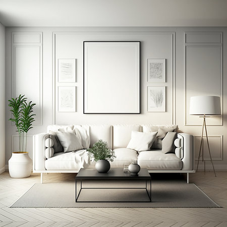 Interior of living room with white sofa, coffee table, coffee table and posters on wall. 3d renderの素材