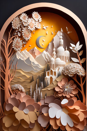 3d illustration of paper cut landscape with mosque, moon and cloudsの素材