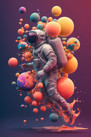 Astronaut in space suit with a lot of planets. 3d renderingの素材