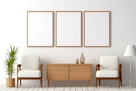 Interior of modern living room with two empty frames on the wall, 3d renderの素材