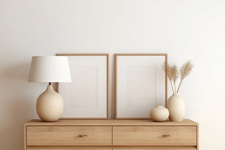 Wooden chest of drawers with two frames in the interior. 3d renderの素材