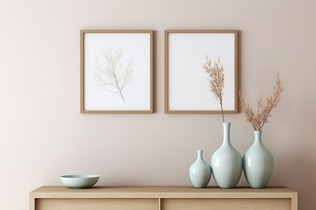 Interior of modern living room with two vertical posters on the wall, two vases with dried flowers in a vase, 3d renderの素材