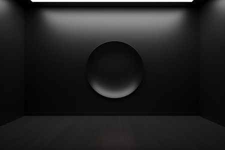 Empty black room with circle in the center. 3D rendering.の素材