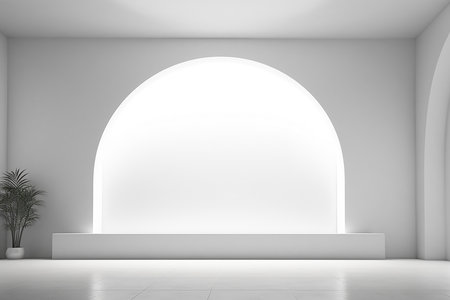 Interior of empty white room with white walls, concrete floor and round arch. 3d renderingの素材