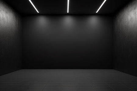 3d rendering of empty black room with lamps on the wall.の素材