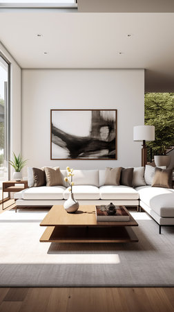 Interior of a living room with a white sofa, a coffee table and a framed pictureの素材