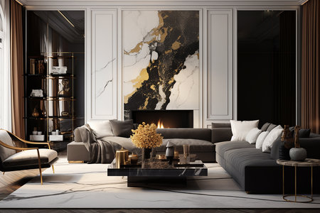 Luxury living room interior with fireplace, sofa and armchair. 3d renderの素材