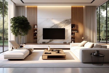 Luxury living room interior design with white and wooden walls, tiled floor, white sofa and TV set. 3d renderingの素材