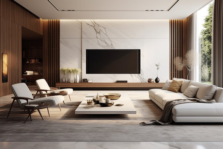 Luxury living room interior with wooden walls, concrete floor, white sofa, coffee table and TV. 3d renderingの素材