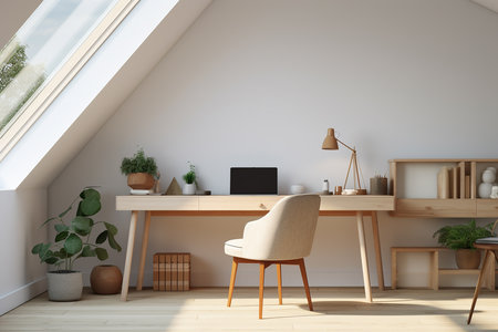 Interior of modern home office with white walls, wooden floor, white computer desk and armchair. 3d renderの素材