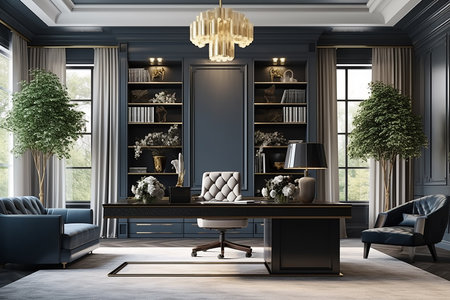 Interior of modern living room with black walls, concrete floor, blue sofa and bookcase with books. 3d renderingの素材