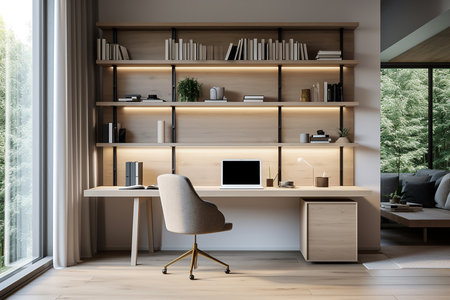 Interior of modern office with wooden walls, wooden floor, computer table and bookcase with folders. 3d renderingの素材