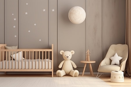 3d render of children room interior with crib and teddy bearの素材
