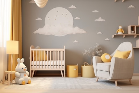 3D rendering of a childrens room with a crib and a pillowの素材