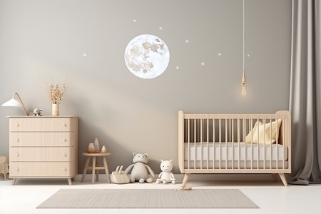 3D rendering of a children's room with a cot and a moonの素材