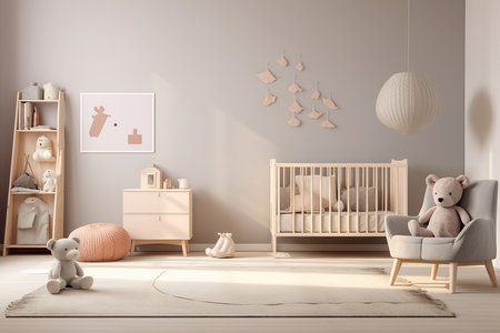 Interior of child room with crib and toys, 3d renderの素材