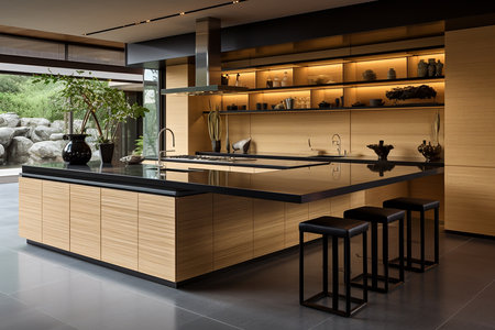 3d render of modern kitchen with wooden countertop and black chairsの素材