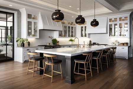 3d render of modern kitchen in luxury house with white walls and wooden floorの素材