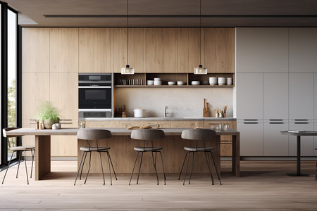 Interior of modern kitchen with white and wooden walls, wooden floor, wooden cupboards and built in cooker. 3d renderingの素材
