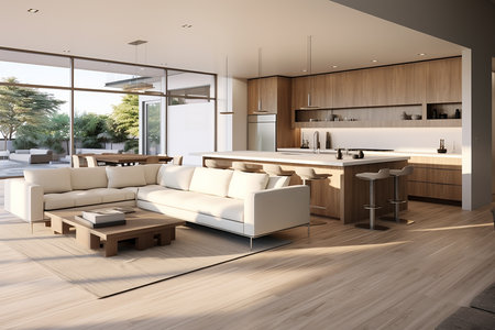 Interior of modern kitchen with white walls, wooden floor, white sofas and wooden coffee tables. 3d renderingの素材