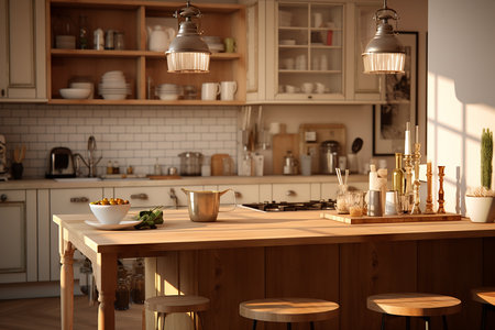 Modern kitchen interior with wooden furniture and tableware. Space for textの素材